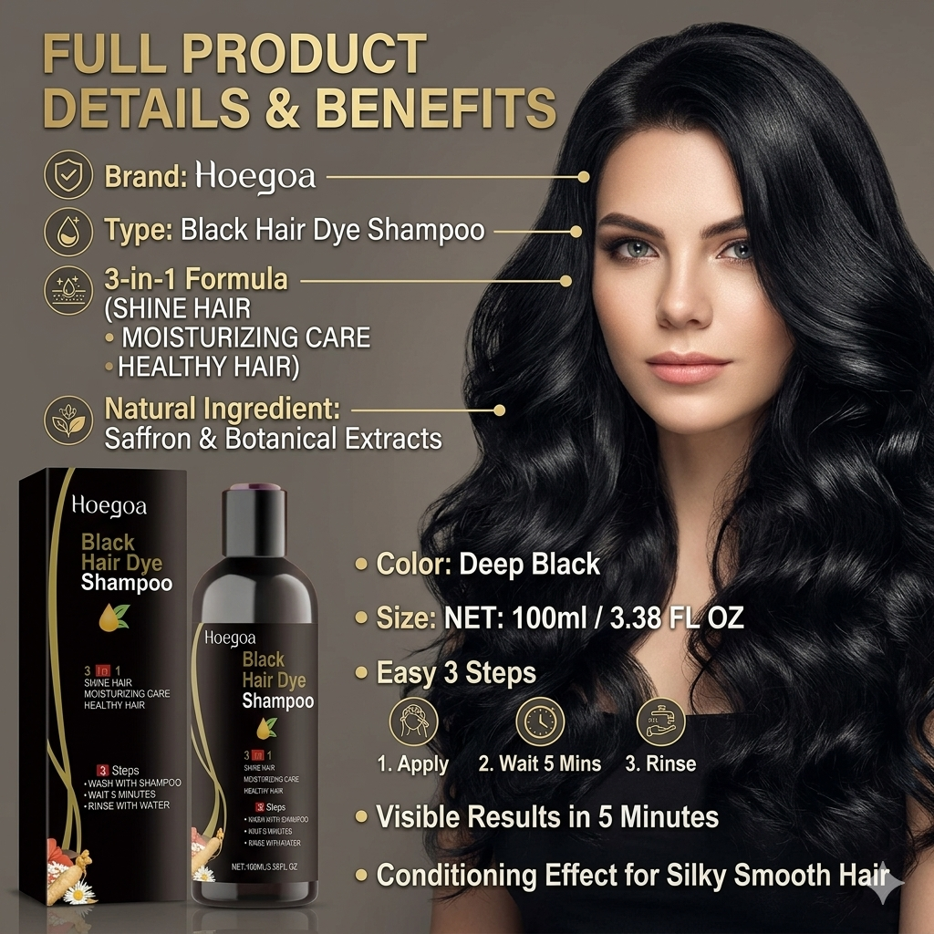 Hoegoa Black Hair Dye Shampoo के साथ पाएँ Deep Black, Soft & Shiny Hair — बिना किसी झंझट के।