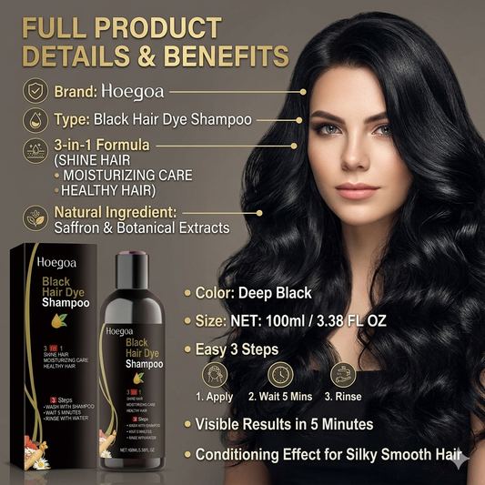 Hoegoa Black Hair Dye Shampoo के साथ पाएँ Deep Black, Soft & Shiny Hair — बिना किसी झंझट के।