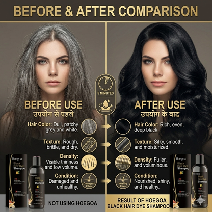 Hoegoa Black Hair Dye Shampoo के साथ पाएँ Deep Black, Soft & Shiny Hair — बिना किसी झंझट के।