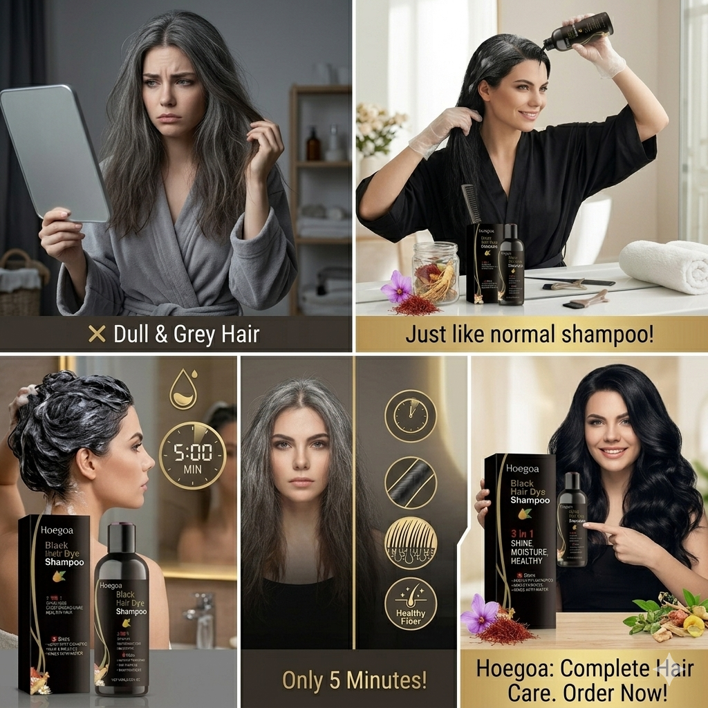 Hoegoa Black Hair Dye Shampoo के साथ पाएँ Deep Black, Soft & Shiny Hair — बिना किसी झंझट के।