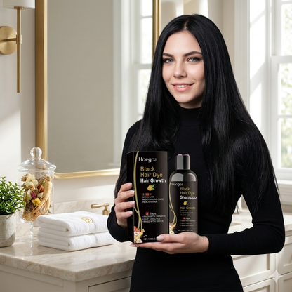 Hoegoa Black Hair Dye Shampoo के साथ पाएँ Deep Black, Soft & Shiny Hair — बिना किसी झंझट के।