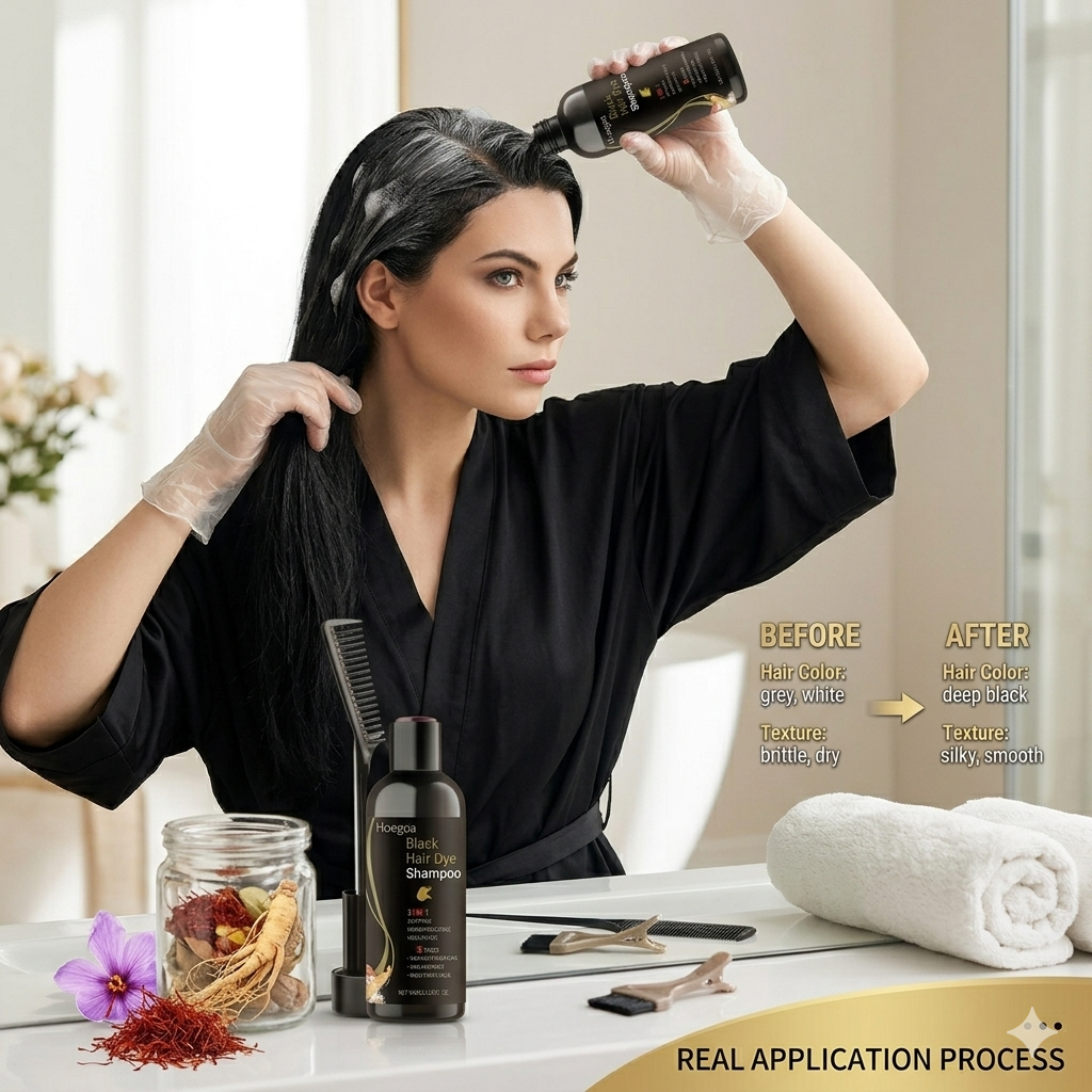 Hoegoa Black Hair Dye Shampoo के साथ पाएँ Deep Black, Soft & Shiny Hair — बिना किसी झंझट के।
